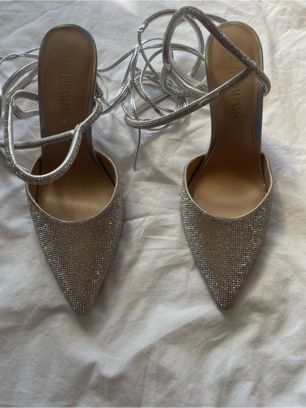 Silver Rhinestone Pointed-Toe Lace-Up Heels